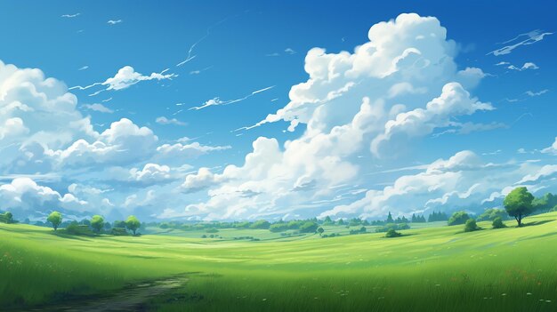 アニメの背景は緑のフィールドの日空の雲