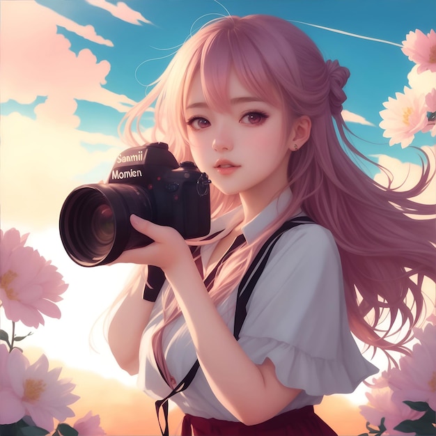 anime beautiful girl photographer images with ai generated