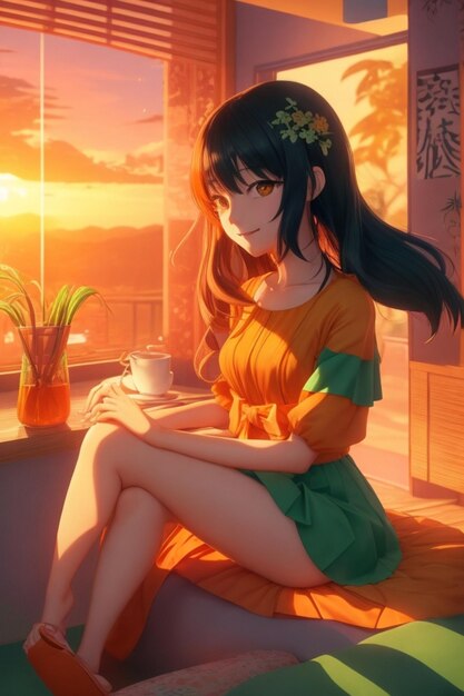 Photo anime a beautiful woman sitting in a room wearing casual clothing