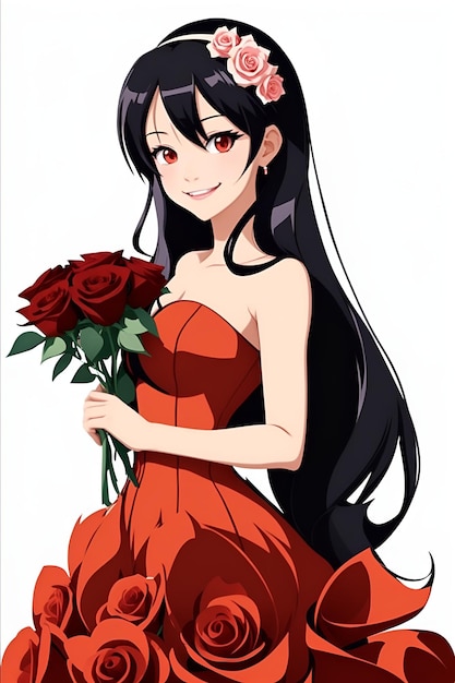 Photo anime beauty girl wearing long dress and holding red roses images with ai generated