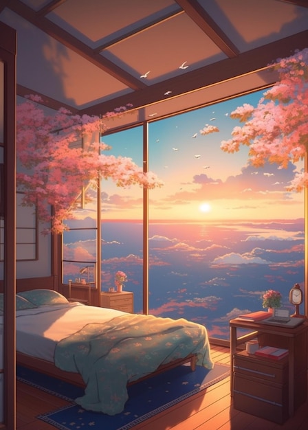 Аниме спальня с видом на небо и солнце генеративная ai