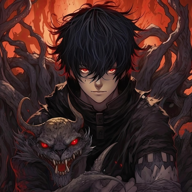 Anime boy black hair red eyes god of death and dark magic