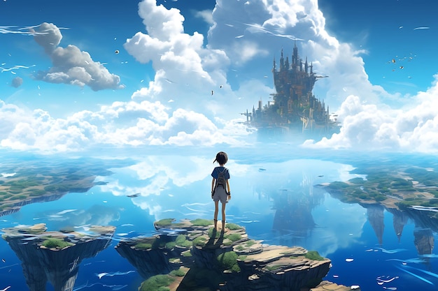 An anime boy explores floating islands