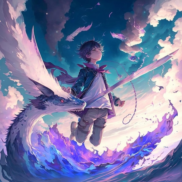 Anime boy flying through the sky with a sword and a dragon generative ai