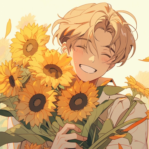 Anime boy holding a bunch of sunflowers in front of his face generative ai