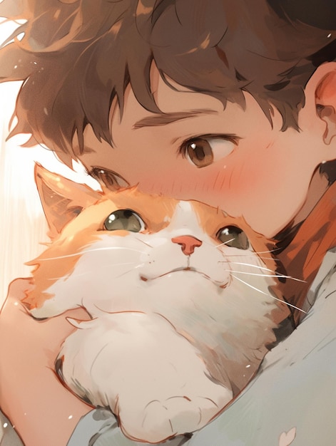 Anime boy hugging a cat with his face close to the camera generative ai