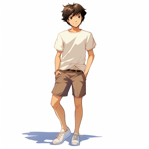 写真 白いシャツと茶色のショートパンツを着たアニメの少年がポケットに手を入れて立っている生成ai