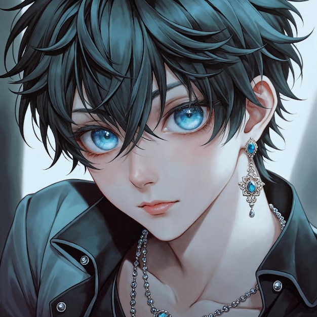 anime boy portrait with blue eyes and jewelry