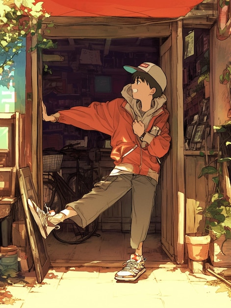 anime boy in a red jacket leaning on a door with his foot up generative ai