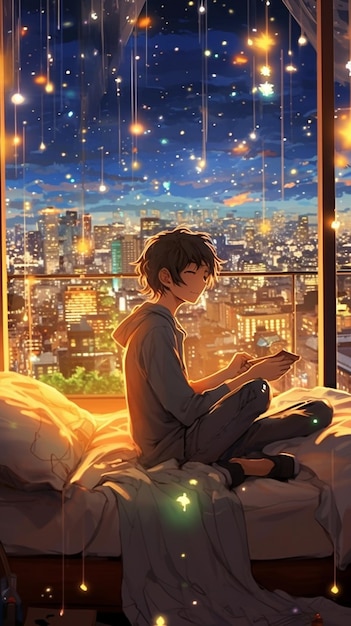 anime boy sitting on bed looking at his phone in the night generative ai