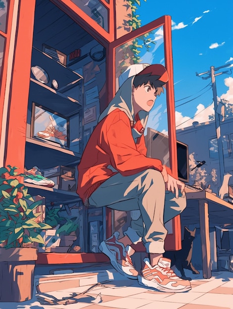 anime boy sitting on a bench in front of a window generative ai