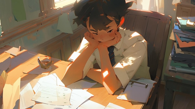 Anime boy sitting at a desk with his head on his hands generative ai