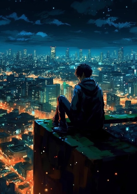 Premium AI Image | anime boy sitting on ledge looking at city at night ...