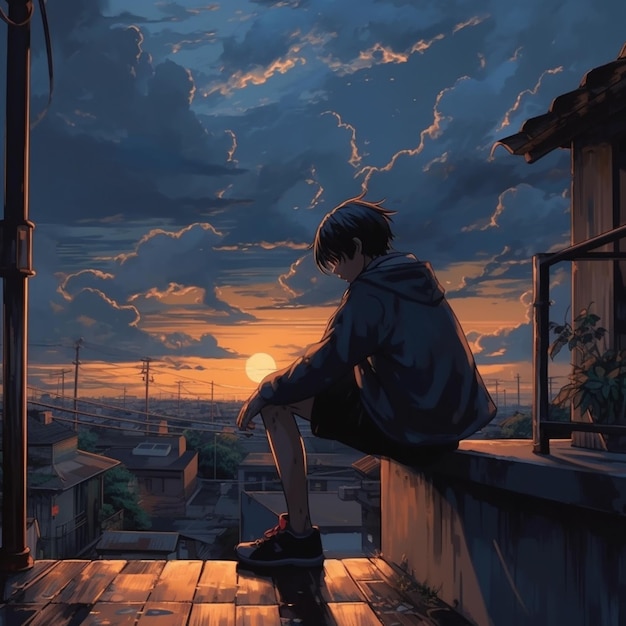 Anime boy sitting on a ledge looking at the sunset generative ai