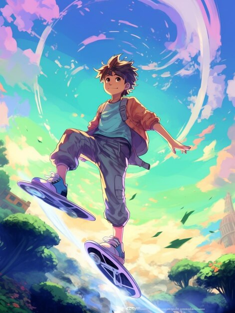 Premium AI Image  anime boy on skateboard in the air with a rainbow swirl  in the background generative ai