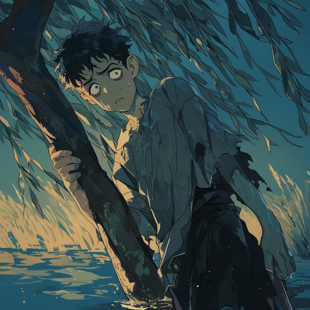 anime boy standing in water with backpack and tree in background generative ai