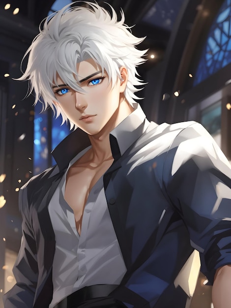 Anime boy white hair handsome guy attractive six pack spiky hair blue eyes black trousers fantasy