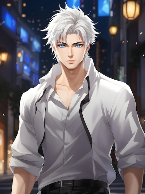 Anime boy with dark blue eyes and white spiky hair