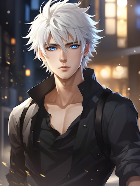 Anime boy white hair handsome guy attractive six pack spiky hair blue eyes black trousers fantasy