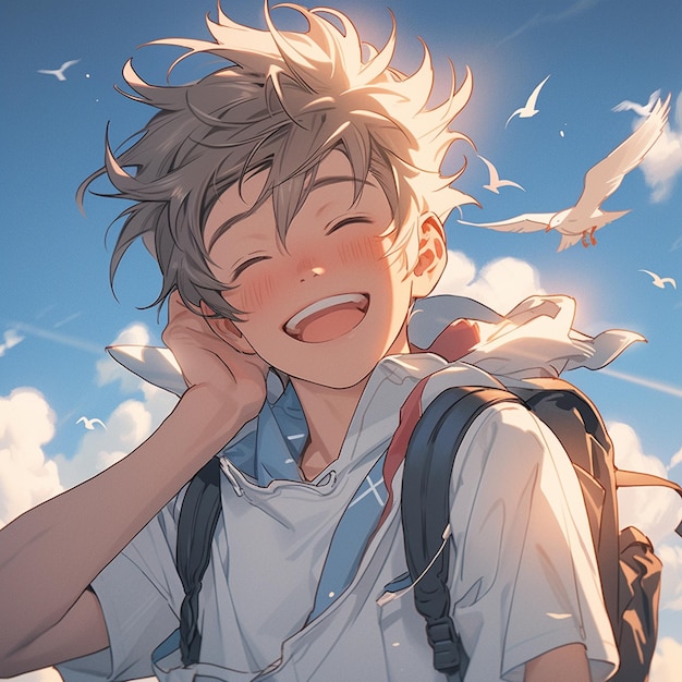 Premium AI Image  anime boy with a backpack and birds flying around him  generative ai