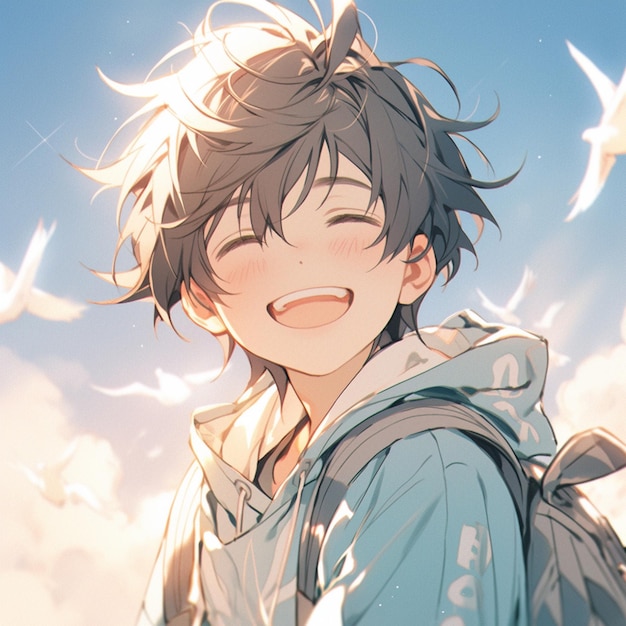 Premium AI Image  Anime boy with blue eyes looking up at the sky