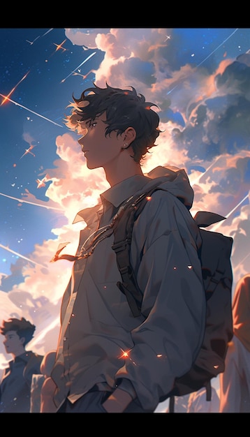 Premium AI Image | anime boy with backpack looking up at stars in the ...