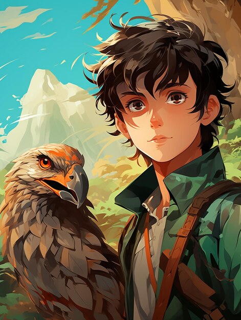 Anime boy with a bird on his shoulder generative ai