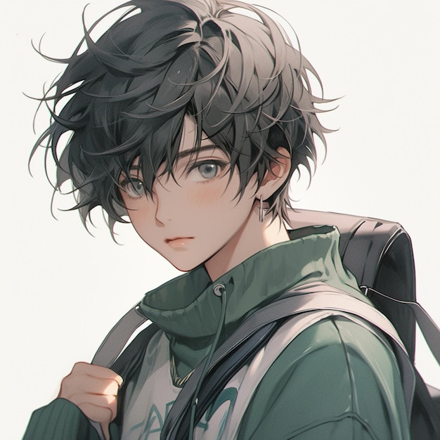 anime boy with black hair and backpack looking at camera generative ai