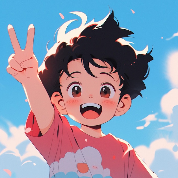 Anime boy with black hair and a pink shirt holding up a peace sign generative ai