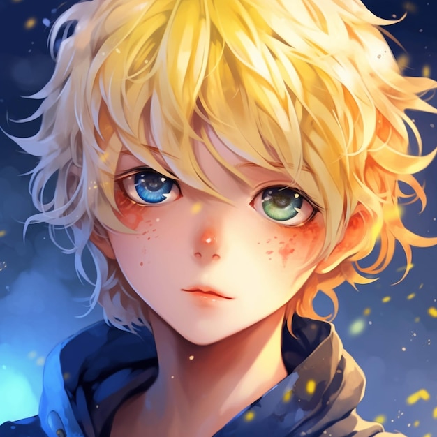 Anime boy with blonde hair and blue eyes staring at the camera generative ai