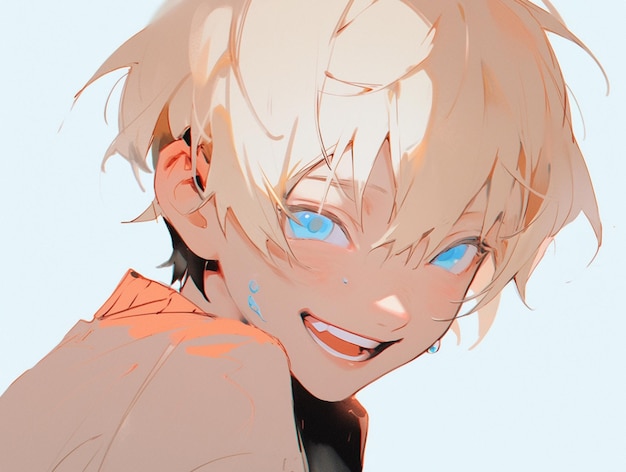 anime boy with blue eyes and blonde hair smiling at the camera generative ai