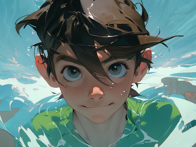 Anime boy with blue eyes in a green shirt in the water generative ai