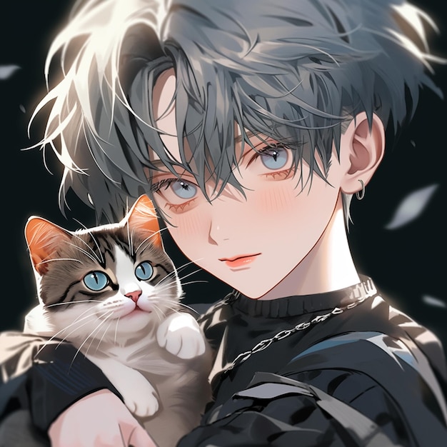 anime boy with blue eyes holding a cat in his arms generative ai