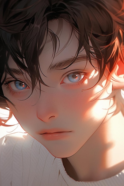 Anime boy with blue eyes staring at camera with sun shining on him generative ai