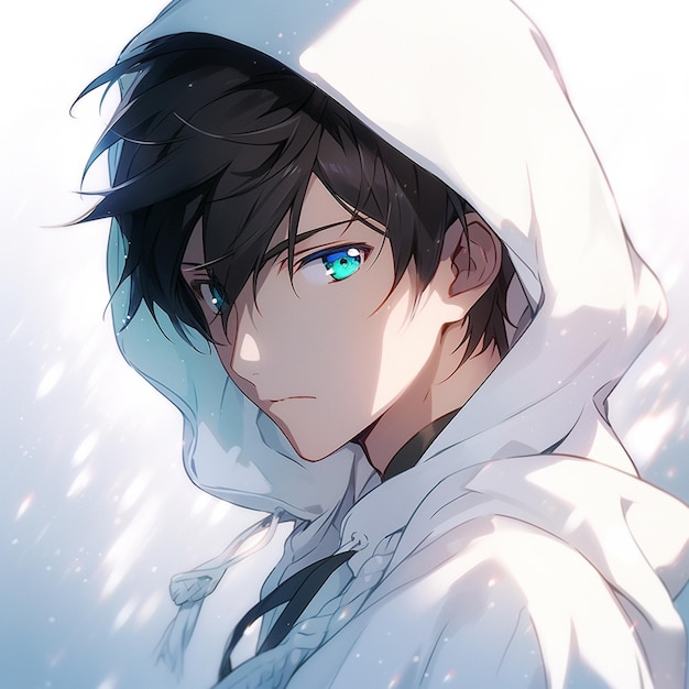 Anime boy with blue eyes and a white hoodie generative ai