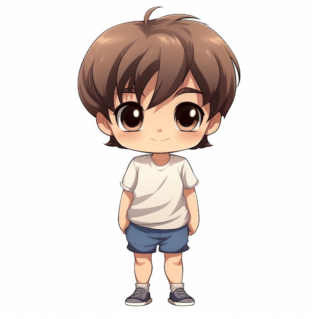 anime boy with brown hair and blue shorts standing in front of a white background generative ai