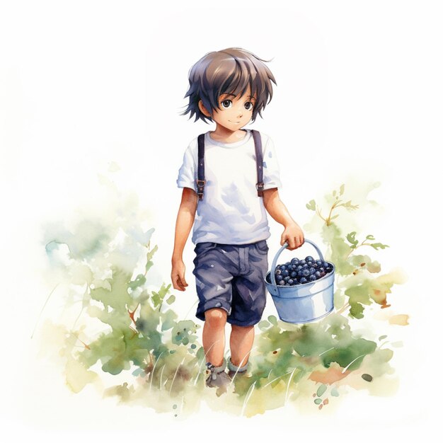 anime boy with a bucket of blueberries generative ai