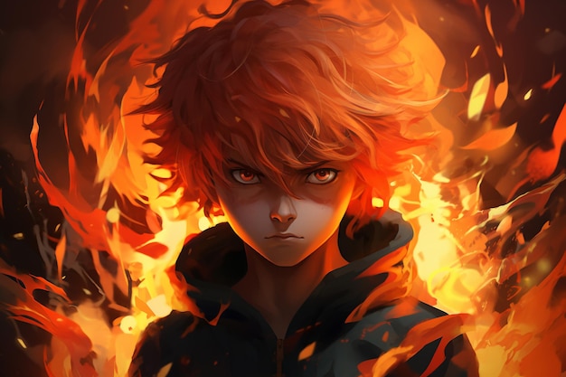 anime boy with fiery wild hair and a fierce determined expression in fiery background