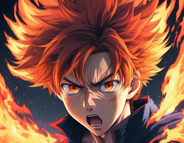 An anime boy with fiery wild hair and a fierce determined expression