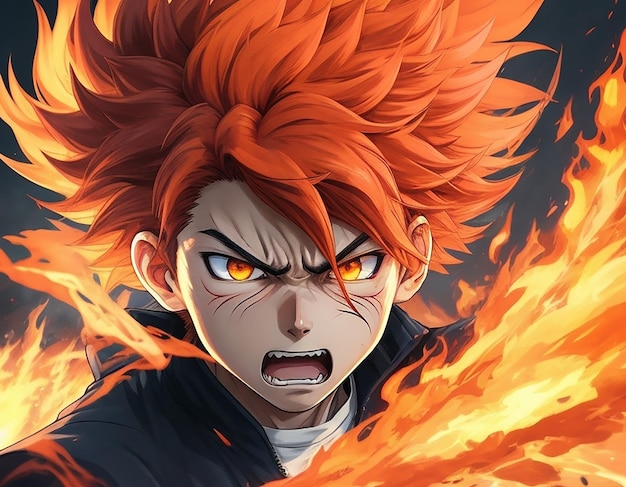 An anime boy with fiery wild hair and a fierce determined expression