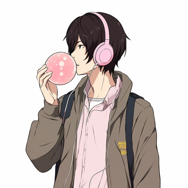 Photo anime boy with headphones and a donut in his mouth generative ai