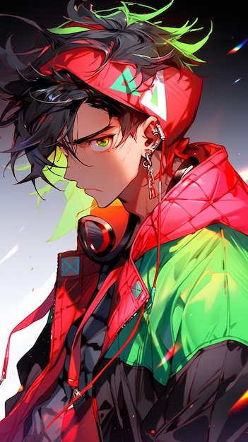 Anime boy with headphones and a red jacket generative ai