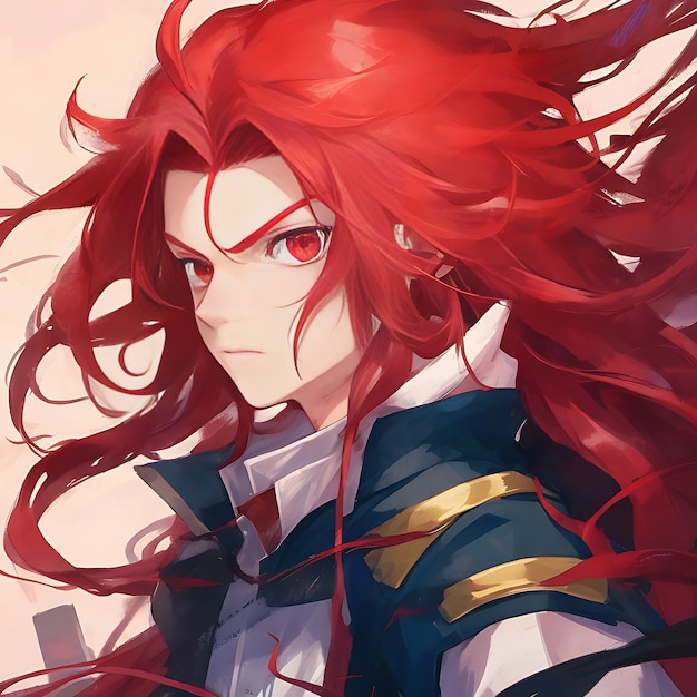 An anime boy with long flowing red hair and a determined look Ai Generated