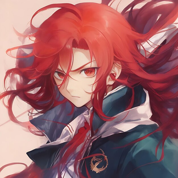 An anime boy with long flowing red hair and a determined look Ai Generated