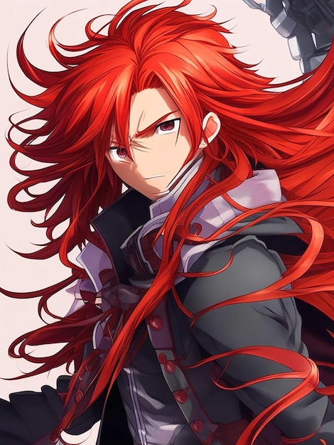 An anime boy with long flowing red hair and a determined look
