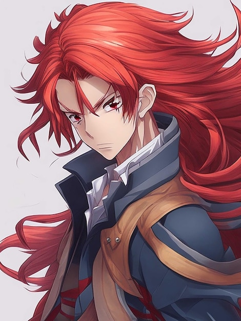 An anime boy with long flowing red hair and a determined look