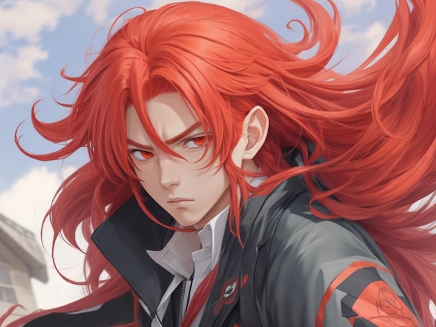 Аниме мальчик с длинными распущенными рыжими волосами и решительным взглядом.
