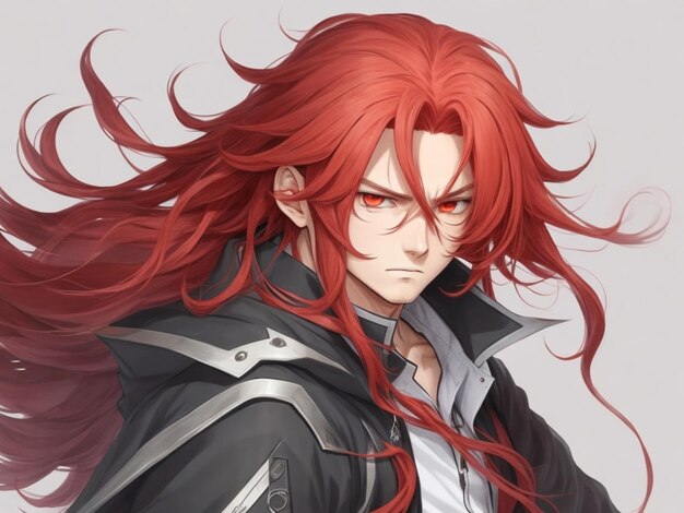 An anime boy with long flowing red hair and a determined look