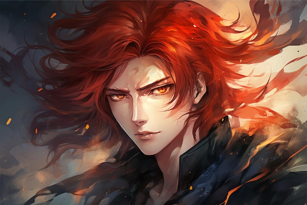 An anime boy with long flowing red hair and a determined look