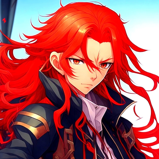 An anime boy with long flowing red hair and a determined look